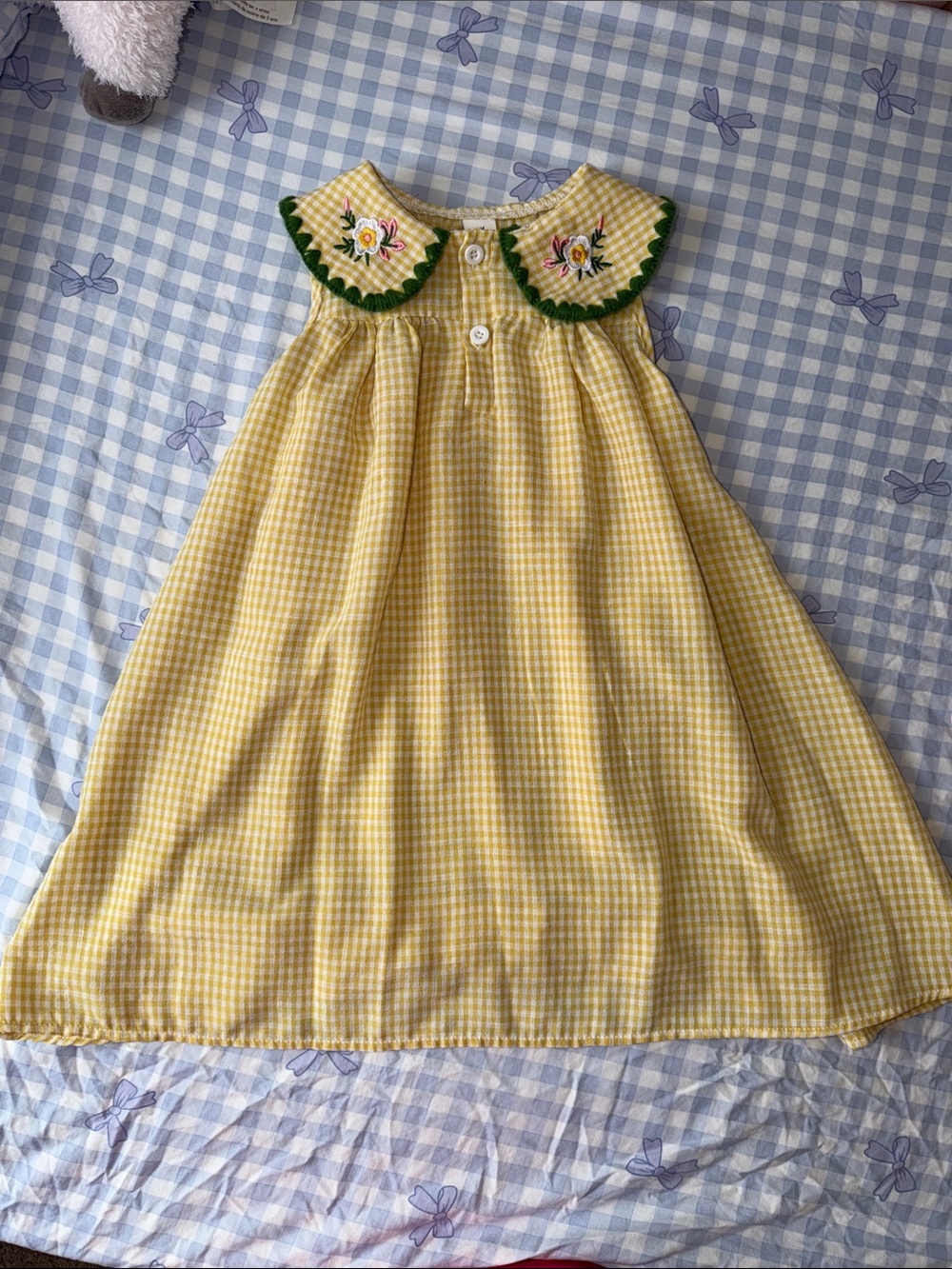 Yellow Gingham Dress with Embroidered Peter Pan Collar